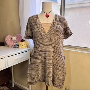 Earthy boho double lined v-neck short sleeve tan tunic top size L